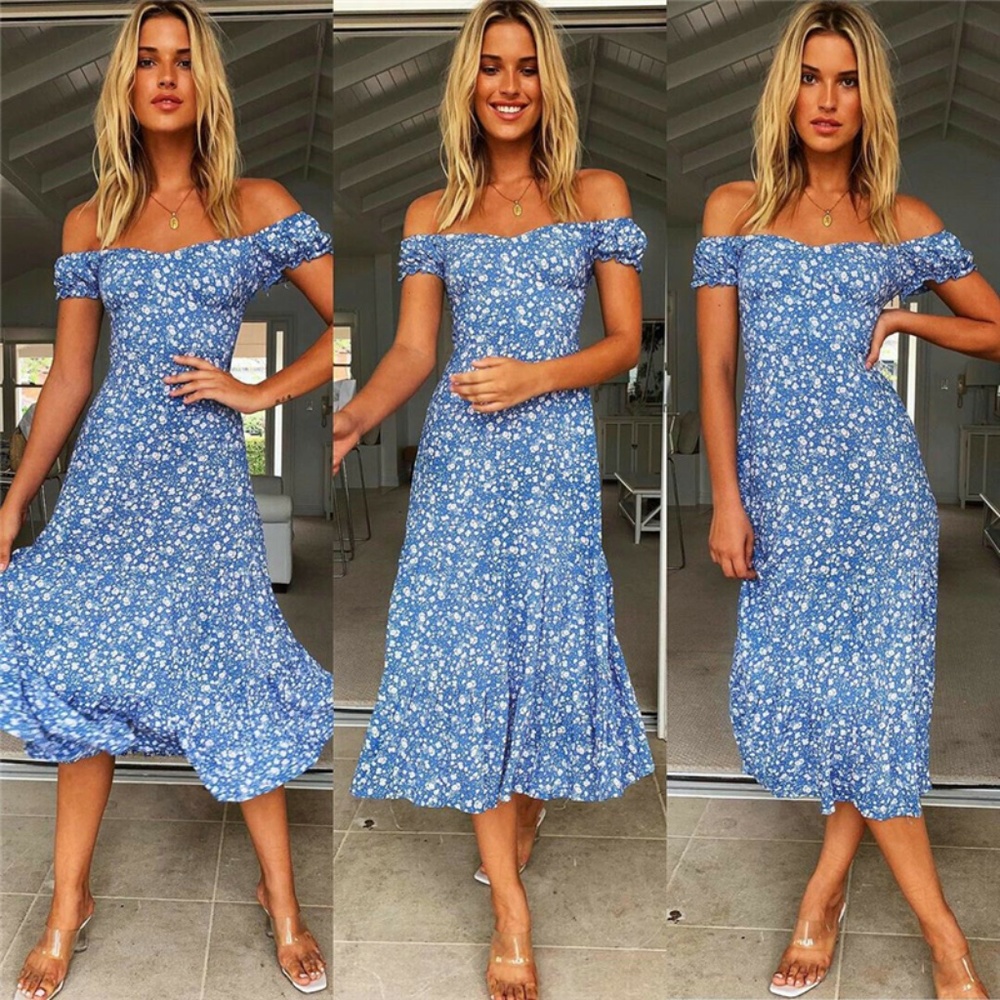 Boho Blue Floral print Ruffle Hem Off Shoulder lace up Dress - Picture 2 of 6